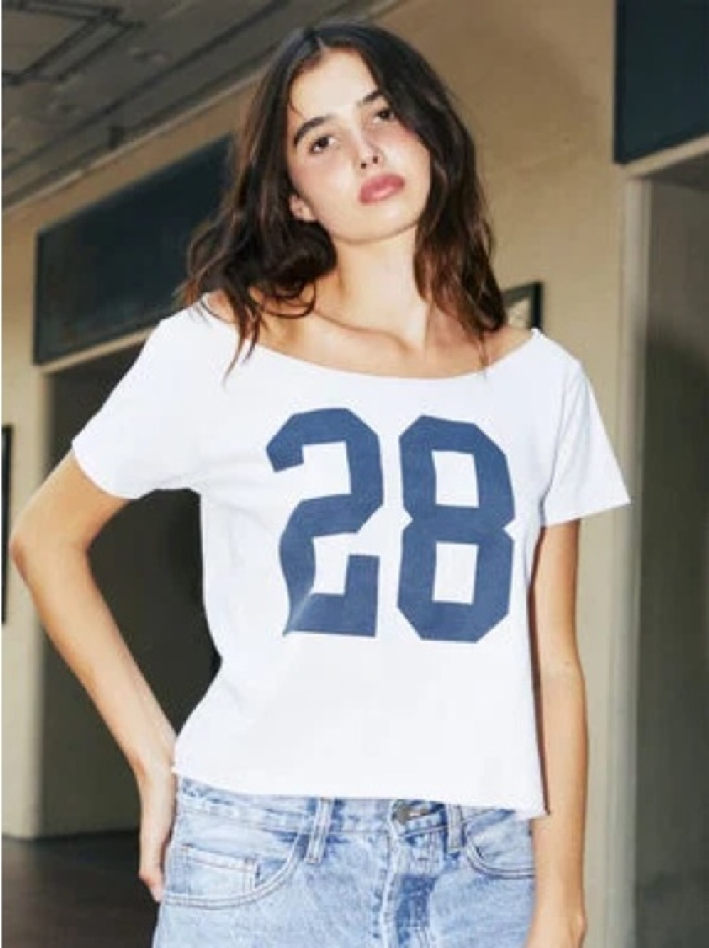 Brandy White Off-Shoulder Graphic Tee Navy '28'